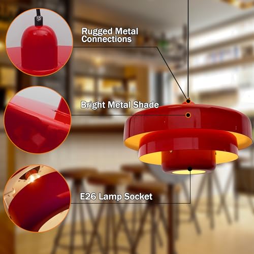 Hanging Lamp Plug in Red Pendant Light Fixtures Mid Century Modern Pendant Lamp Nordic Style Pendant Lighting Metal Shade for Living Room Dining Room Bedroom Kitchen Island