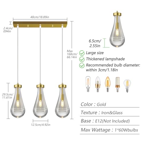Raindrop Pendant Lights Kitchen Island Teardrop Gold Hanging Light Fixtures Clear Solid Glass Pendant Light Modern Chandeliers for Dining Room Porch Corridor Living Room