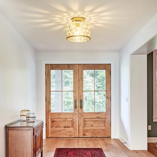 Gold Flush Mount Ceiling Light with Clear Hammered Glass lampshade