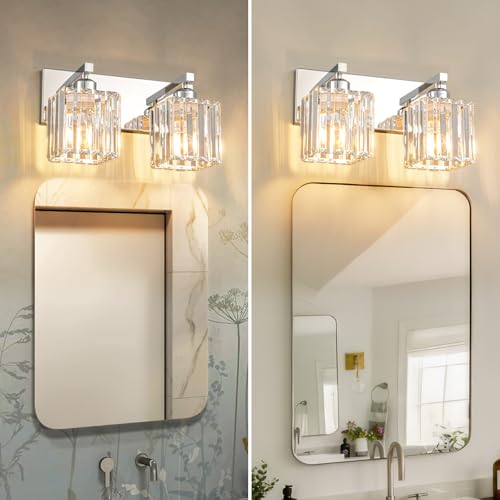Modern 2 Light Chrome Crystal Bathroom Vanity Wall Light