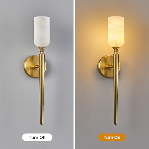 Natural Alabaster Wall Sconce Modern Gold Wall Light Bathroom Sconce Wall Decor Antique Marble Sconces Wall Lighting for Bedroom Living Room Entryway Hallway Staircase