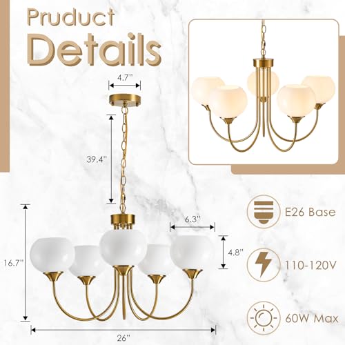 Modern Globe Chandelier 5 Light Mid Century White Milk Glass Vintage Sputnik Hanging Chandeliers Gold Pendant Light Fixtures for Dining Room Kitchen Living Room Bedroom