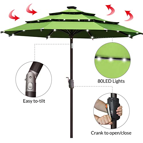 USA 10-Year-Non-Fading 9ft 3-Tier Market Patio Umbrella, Commercial Table Umbrella with 80 Solar LED Lights, Crank Open, Windproof & UPF 50+ UV Protection for Garden, Deck, Pool, Backyard, Macaw Green