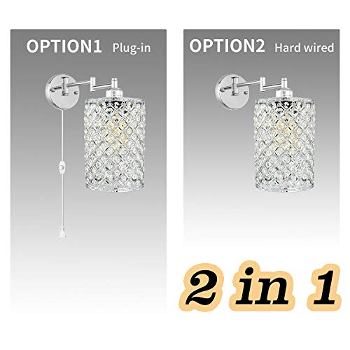 1 Light Wall Lamp Modern Style Metal Round lampshade Decorative Dimmable Crystal E26 Base Wall Lights Industrial Swing Arm Wall Sconce for Home Decor Plug