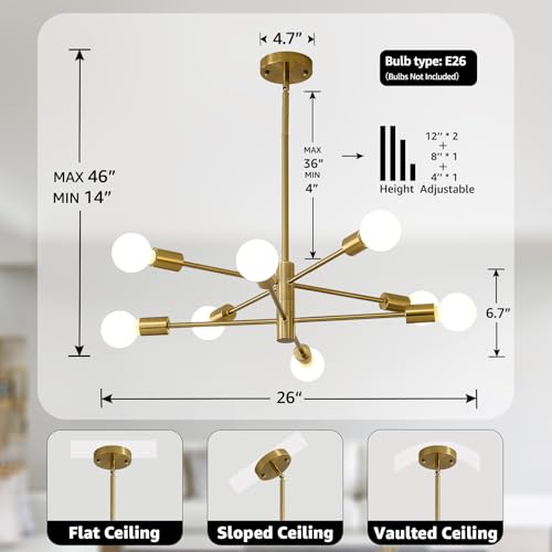 8 Light Gold Sputnik Lighting Fixture Mid Century Modern Chandelier