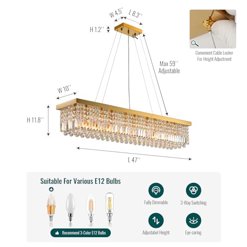 10 Light Rectangular Gold Crystal Chandelier for Dining Room L47''