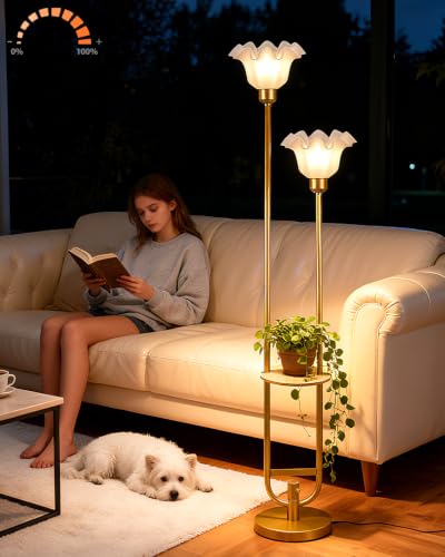 Dimmable Flower Floor Lamp for Living Room Modern Mid Century Floor Lamp with Table Gold Tall Standing Lamp for Bedroom (3 Count)