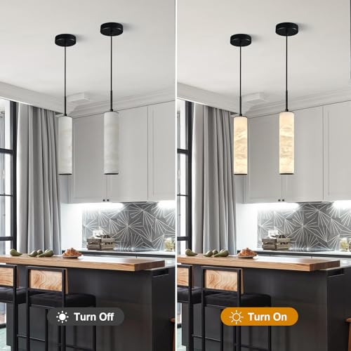 Natural Alabaster Pendant Lights for Kitchen Island White Marble Long Tube Chandelier 4000K Modern Black Ceiling Light Fixtures for Bedroom Dining Room Table Living Room Hallway