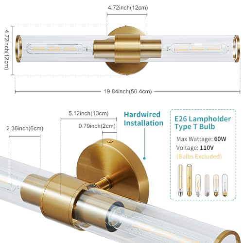 Hardwired Gold Bathroom Vanity Light Clear Glass Wall Sconce