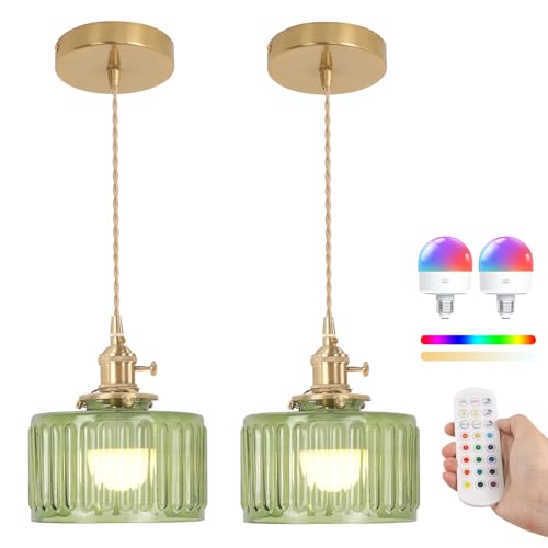 Battery Operated Pendant Light 5000mAh Rechargeable Chandelier with Remote Control Wireless Adjustable Hanging Green Striped Light for Kitchen Island Dining Room Hallway (2 Count)