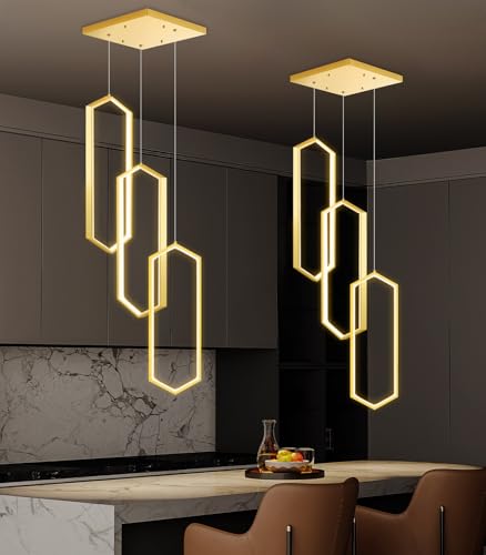 3 Rings Dimmable Pendant Lighting Adjust LED Chandelier Ceiling Light Fixtures for Kitchen Island Dining Room Living Room Bedroom Gold