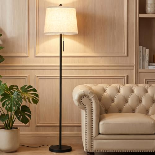 Upgraded】 Modern Black Floor Lamp 63in Standing Lamp for Living Room Bedroom Office 3 Way Brightness Dimmable Tall Pole Light with Beige Linen Shade Metal Shade 8W 3000K LED Bulb Included
