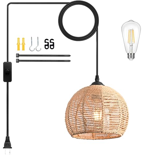 Plug in Mini Hemp Rope Woven Pendant Light Woven Light Fixture Boho Chandelier Wicker Pendant Lights Rattan Plug in Cord Hanging Lights Dome Wicker Chandelier for Bedroom