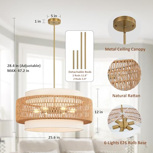 6 Light Rattan Chandelier for Dining Room