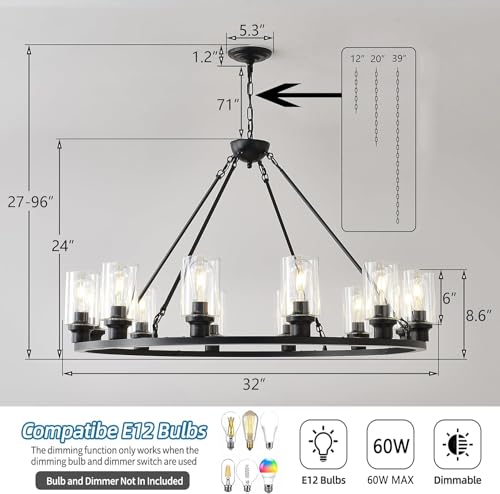 Black Large Wagon Wheel Chandelier 32 Inch Modern Farmhouse Glass Pendant Light 12
