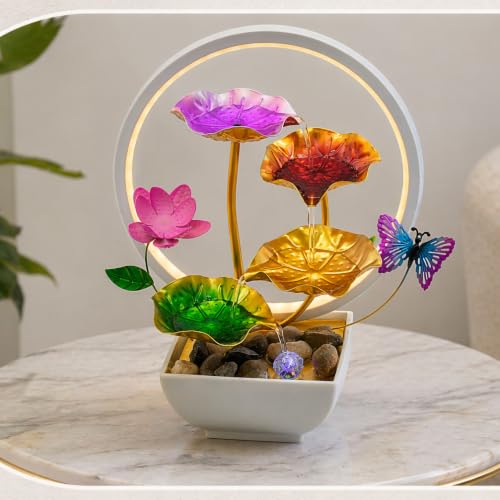 Tabletop Fountain Metal Lotus Indoor Fountain Water Feature for Zen Home Office Fengshui Decor Warm Light