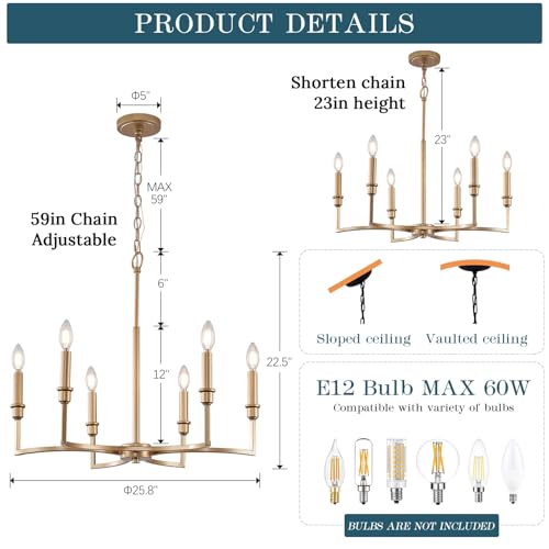 6 Light Candelabra Chandelier Dining Room Gold Chandeliers 26in