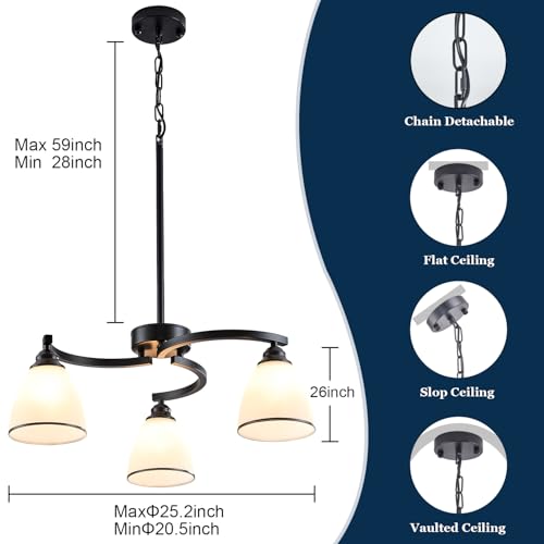3 Lights Modern Chandelier Light Fixture Matte Black Retractable Round Chandelier Rustic Hanging Lamp Adjustable 59" Max Pendant Ceiling Light for Kitchen Island Dining Room Table Hallway