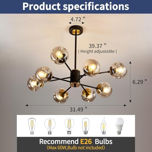 8 Light Sputnik Chandelier with Glass Globe Black and Gold Dinning Light Fixture Modern Mid Century Ceiling Light for Lliving Room Master Bedroom Kitchen