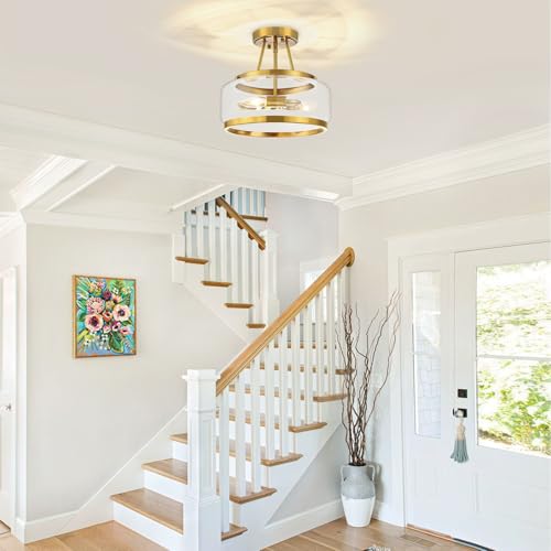 Gold Semi Flush Mount Ceiling Light Modern Glass Drum Ceiling Light Fixture