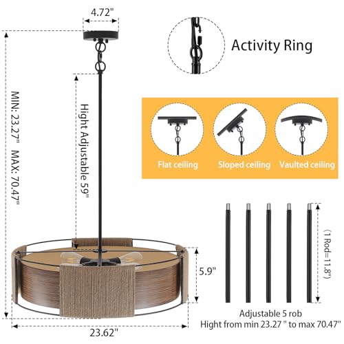 23.62'' Rattan Chandeliers Farmhouse Drum Chandelier for Dining Room