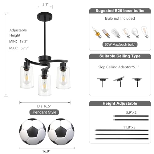 3 Light Modern Farmhouse Chandelier for Dining Room Light Fixtures