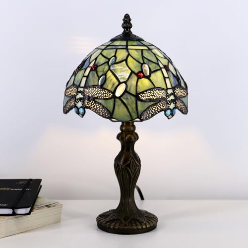 Tiffany Table Lamp Dragonfly Style Sea Blue Stained Glass Accent Lamp Bronze Resin Base 8X8X14 Inch