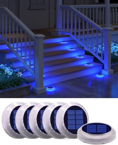 Blue Solar Driveway Lights Outside IP68 Waterproof 6 Pack Round (6 Count)