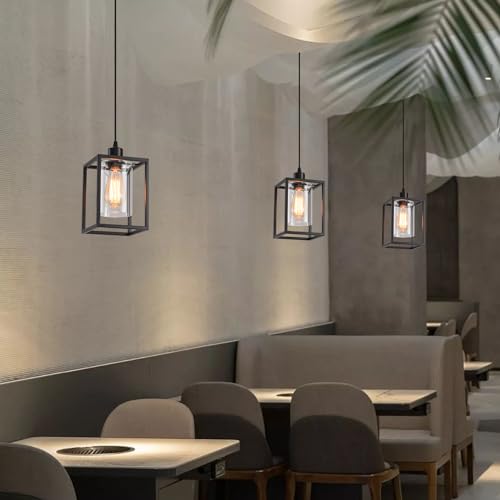 Black Pendant Lights for Kitchen Island Industrial Lantern Pendant Light Fixtures with Clear Glass Shade (2 Count)