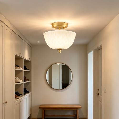 Semi Flush Mount Ceiling Light with Diamond Embossed Frosted Glass Shade