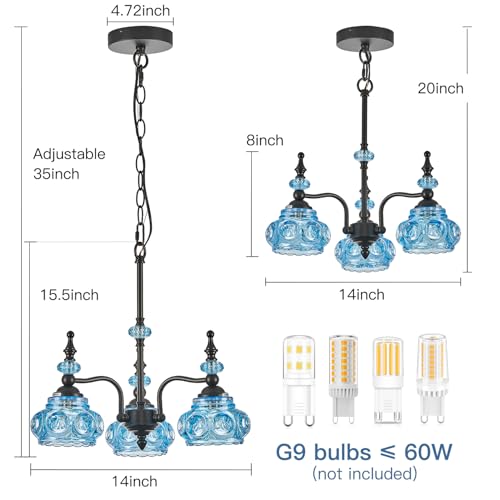 Blue 3 Light Pendant Light Fixtures Black Lights Victorian Vintage Celing Pendant Fixtures for Kitchen Island Bedroom Restrant