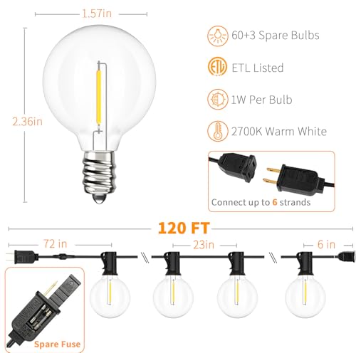Outdoor String Lights 120 FT Waterproof Patio Light 63 LED Bulbs (120 Foot)