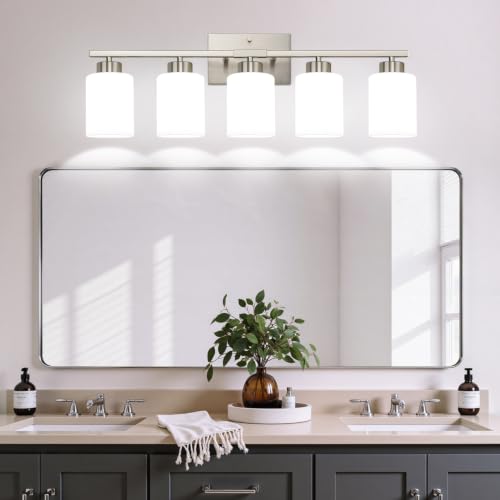 Brushed Nickel Bathroom Light Fixtures with Milk Glass Shades