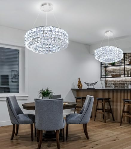 LED Chandeliers for Dining Room LED Dimmable Pendant Lights for Kitchen Island Crystal Adjustable Chandelier for Bedroom Hallway Entrance 16" Silver Light