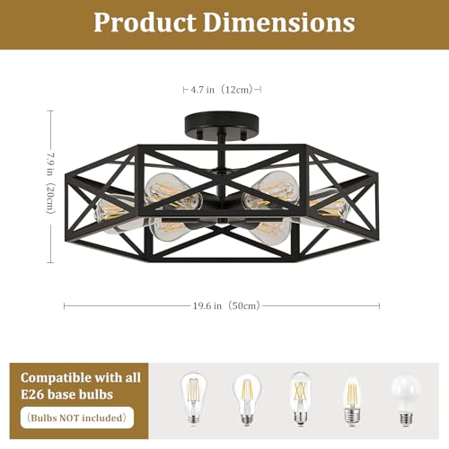 Modern Farmhouse Black Metal Semi Flush Mount Ceiling Light Fixture 19.7 in