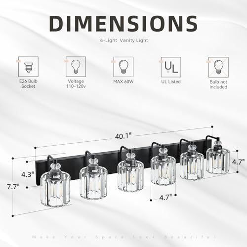 6 Light Black Bathroom Light Fixtures Over Mirror Modern Vanity Lights Crystal Wall Sconce Vintage Bathroom Lighting with Crystal Shade E26 Base for Bedroom