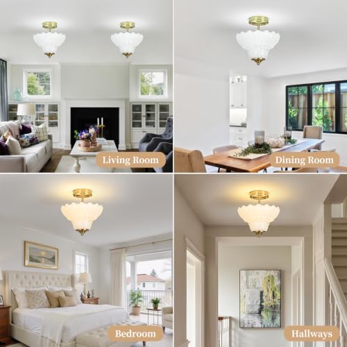 Vintage Gold Semi Flush Mount Light with Floral White Shade (Gold and White)