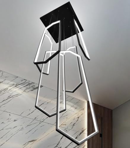 6 Rings Black Modern Long Large Chandelier Dimmable LED High Ceiling Chandelier for Living Room Foyer Staircase Enterway Hanging Light Fixture Modern Ceiling Light