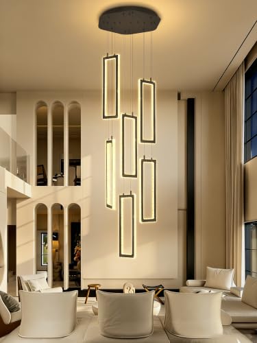 Modern Chandelier 6 Rings Black Chandeliers Lighting Fixture High Ceiling Chandelier Suitable for Living Room Staircase Villa