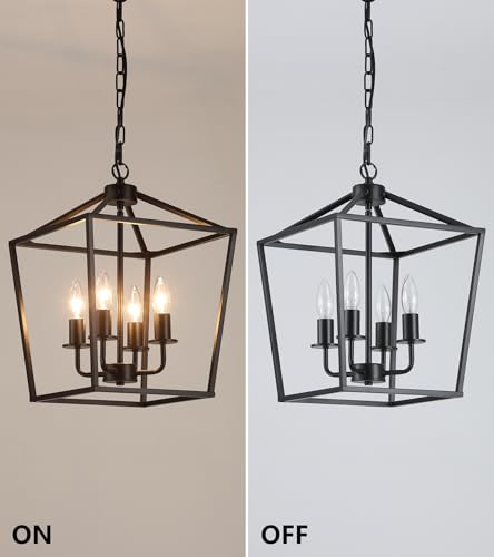 UL Listed Black Industrial 4 Light Lantern Chandelier Ceiling Light Fixtures Farmhouse Metal Cage Rustic Geometric Pendant Light for Kitchen Island Entryway Dining Room Stairs and Hallway
