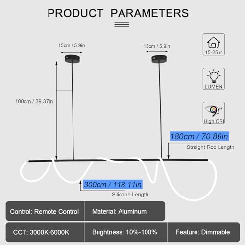 Modern LED Pendant Light Kitchen Island Lighting Black Modern Led Chandelier Light Fixture for Dining Room 70.86 inch DIY Outlook 3