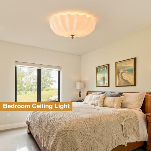 Large 17.7in Milk Glass Ceiling Light Flush Mount Flower 3 (Gold & Milk / 17.7in)
