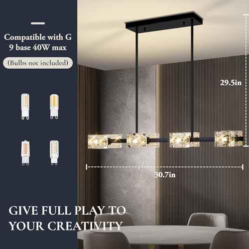 Black Chandeliers for Dining Room, Modern Crystal Pendant Lights Fixture with Cube Shade, 8-Lights Farmhouse Hanging Dining Light Fixtures Over Table for Kitchen Island, Living Room, Bedroom (G9 Base)