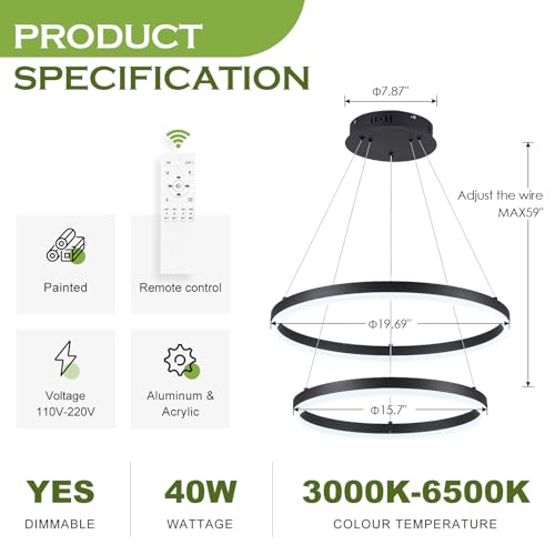 2 Rings Modern LED Chandelier Black for Dining Room