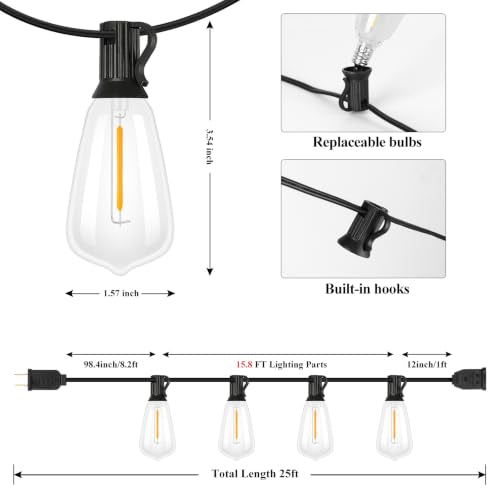 25FT Outdoor String Lights 13 Bulbs