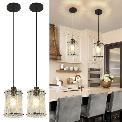 Black Pendant Lights Kitchen Island 2 Pack Modern Water Ripple Glass Pendant Lights Fixtures Round Adjustable Hanging Pendant Lighting for Kitchen Island Dining Room Over Sink Table Entryway (2 Count)