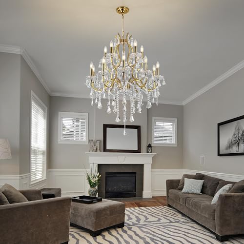 Antique French Country Gold Crystal Chandelier 2 Layers 15 Lights Dia31.5 Maria Theresa Light Fixture for Dining Room