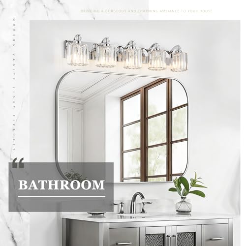 5 Light Modern Bathroom Light Fixture Chrome Vanity Lights Over Mirror Wall Sconce Lighting with K9 Crystal Shades Bathroom Wall Lamp E26 Base for Bedroom