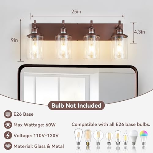 4 Light Bronze Bathroom Light Fixtures Over Mirror