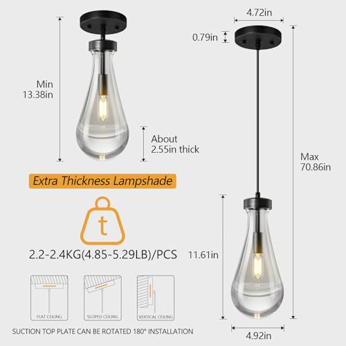 Raindrop Pendant Lights Kitchen Island Set of 3 Teardrop Black Hanging Light Fixtures Clear Solid Glass Pendant Light Modern Chandeliers for Dining Room Porch Corridor Living Room (3 Count)